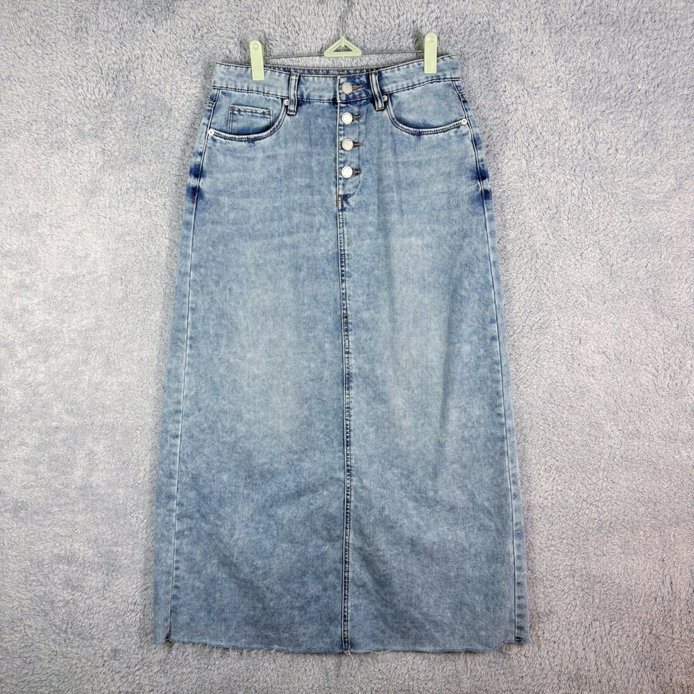 Blank NYC In My Mind‎ Stone Wash Denim Maxi Skirt Sz 28 Blue Fray Hem Button Fly